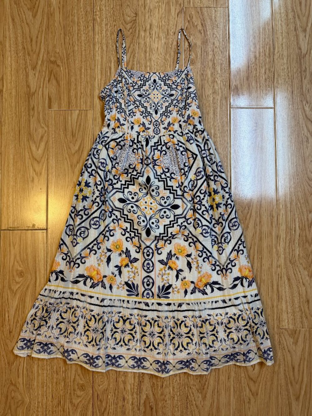Very Good Condition* Anthropologie Let Me Be Boho Midi Dress | Blue Motif, S